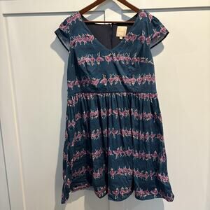 ModCloth Dress Womens 2X Teal Ballerina Print Fit & Flare V Neck Lined Zip Back
